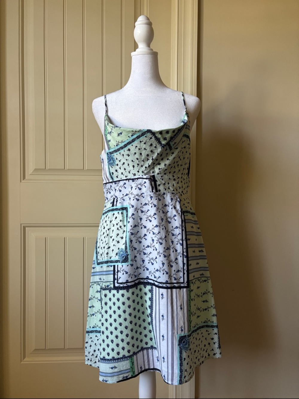 LOFT Mint Green, Blue, and White Patchwork Spaghetti-Strap Mini Dress